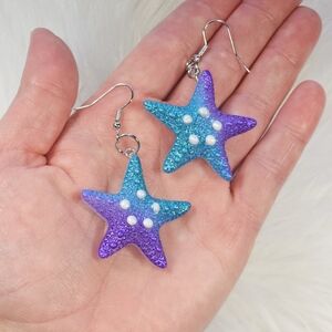 NIP Teal & Purple Starfish With Faux Pearls Dangle Earrings